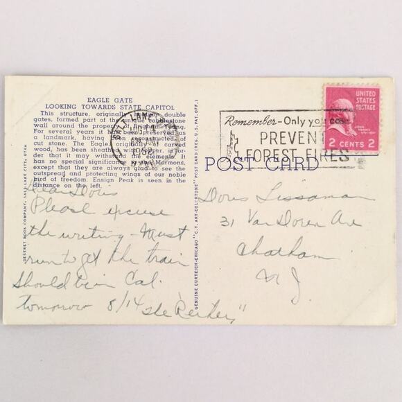 Eagle Looking Towards State Capitol Salt Lake City UT 1940s Linen Postcard 1952 - Picture 2 of 2